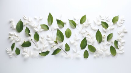 A cluster of pristine white flowers and lush green leaves create a serene botanical arrangement