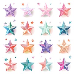 Obraz premium A collection of colorful stars with a white background.