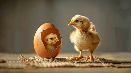 A cute baby chick standing next to a broken egg on a wooden table