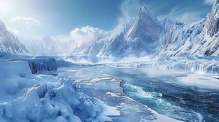 Explore the serene expanse of frozen mountains, where icy torrents cascade into crystalline rivers...
