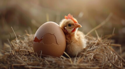 A cute baby chicken hatched from an egg. - obrazy, fototapety, plakaty