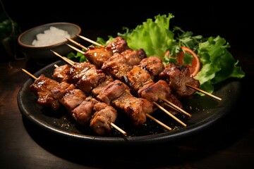 Seasoned Pork skewers raw. Cooking onion beef. Generate Ai
