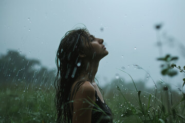 Mystical Rainy Dusk: A Woman’s Silhouette Amidst Nature