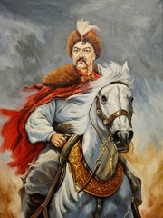 Cossack a horse, Bohdan Zynovii Mykhailovych Khmelnytskyi portrait. Oil paintings, fine art