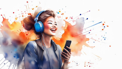 A vibrant watercolor illustration of a girl, wearing headphones and holding a phone. It exudes creativity and modern art