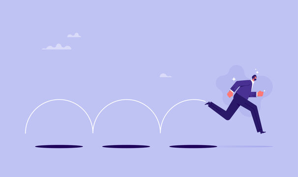 Avoid pitfall, brave to jump pass mistake or business failure concept, entrepreneur jump pass many pitfalls to achieve business success