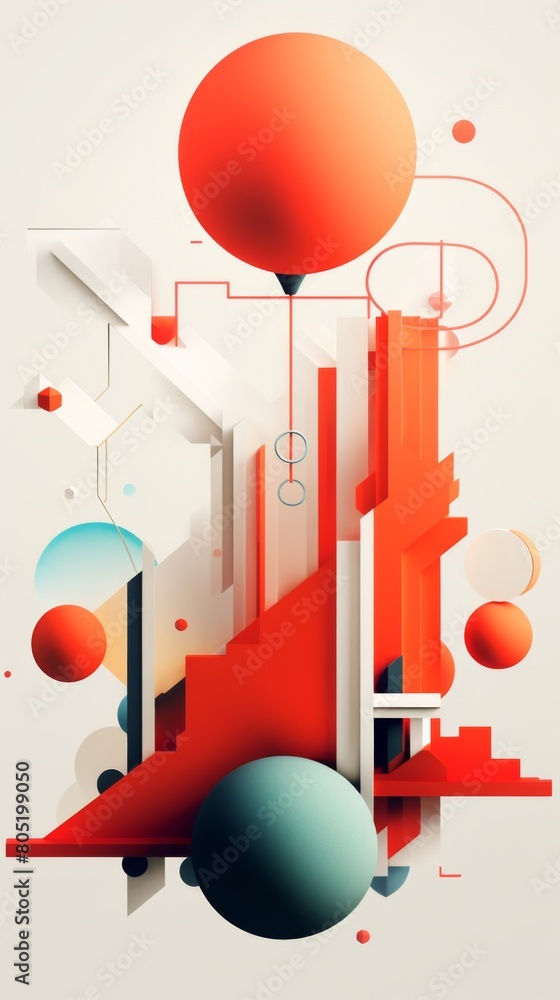 Poster a red and white abstract painting featuring an array of circles and shapes creating a whimsical and 