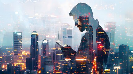 The double exposure image of the business man holding phone sunrise overlay with cityscape image. 