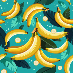 Vector seamless pattern with yellow bananas. Isolated summer clipart on blue background for design