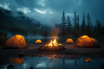 20. Campfire Cookout: A cozy campsite scene with tents pitched around a crackling campfire, where families roast marshmallows and share stories under the stars on DiadoMotorista.
