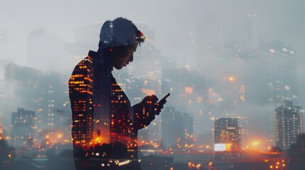 The double exposure image of the business man holding phone sunrise overlay with cityscape image. 
