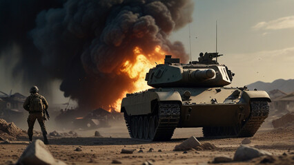 Fototapeta premium A soldier stands resolutely with a firearm as a tank passes by his side. In the backdrop, flames engulf a scene of devastation, with ruined buildings and debris scattered around