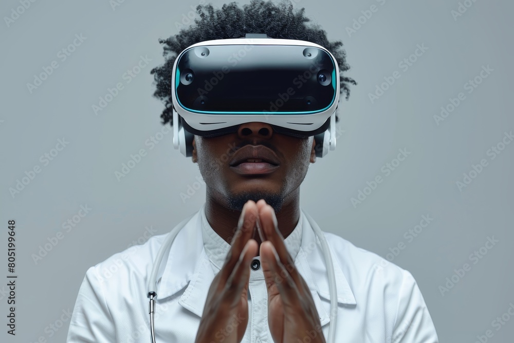 Poster in a minimalistic setting, a person engages with virtual space, gesturing with hands as if manipulat