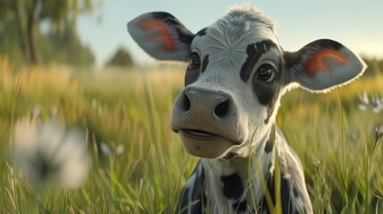 A cute baby cow looking at the camera in a field of flowers. - obrazy, fototapety, plakaty