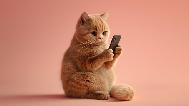 Ginger cat write smartphone in the studio scene. Ideas from the cuteness of ginger cats.