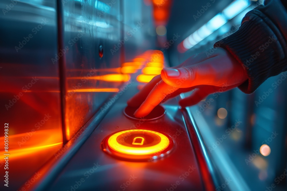 Poster a hand in a modern context touches a glowing circular button with a sleek futuristic design