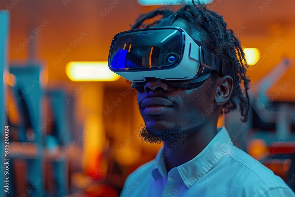 Poster excluding the blurred face, image of an individual using a virtual reality headset in a high-tech wo
