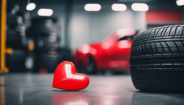 Black car tire with red heart. Concept of vulcanization. 