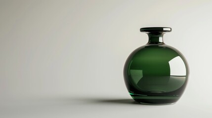 Minimalist design concept with a dark green classic glass perfume bottle on a stark white background, emphasizing simplicity and elegance
