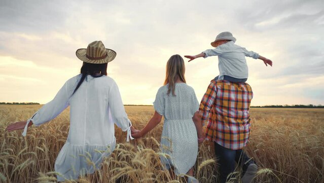 Happy family dad, mom, son and daughter walk on wheat field at sunset in summer. Father holds son on shoulders, mother and teen girl holds hands back view. Relaxed people having good weekend together.