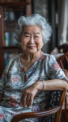 Obraz premium A woman with gray hair and a floral dress is sitting in a chair