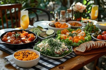 An array of vegetarian dishes beautifully presented on a sunny table, highlighting a healthy and visually appealing meal