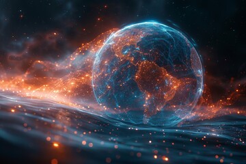 A high-resolution 3D digital globe with blue and red hues offers a vibrant representation of global data connections