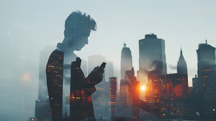 The double exposure image of the business man holding phone sunrise overlay with cityscape image. 