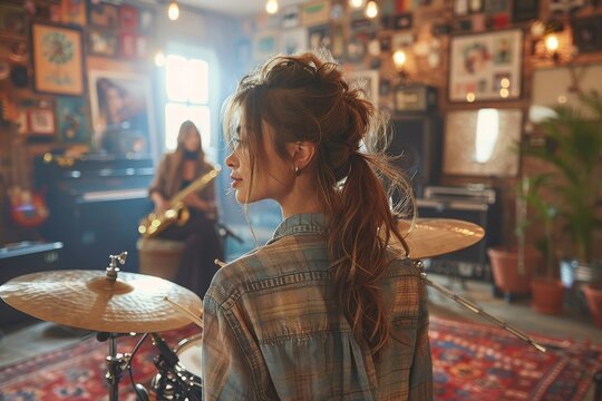 A female musician is poised at the drum set, her back to the camera, in a warmly lit, vintage decorated music room filled with instruments