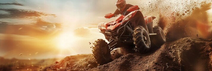 Rugged red ATV conquering jumps on a dirt track