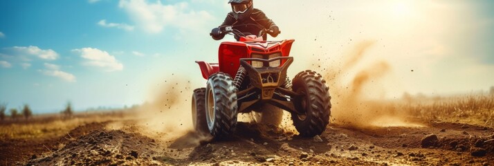 Rugged red ATV conquering jumps on a dirt track