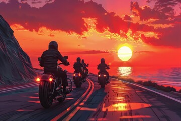 A group of people riding motorcycles on a road. Perfect for travel and adventure themes