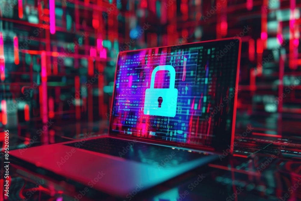 Poster a laptop with a padlock displayed on the screen. suitable for cybersecurity concepts