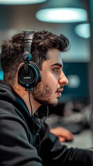 A man wearing headphones is sitting in front of a computer