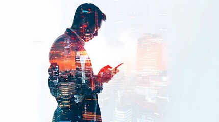 The double exposure image of the business man holding phone sunrise overlay with cityscape image. 