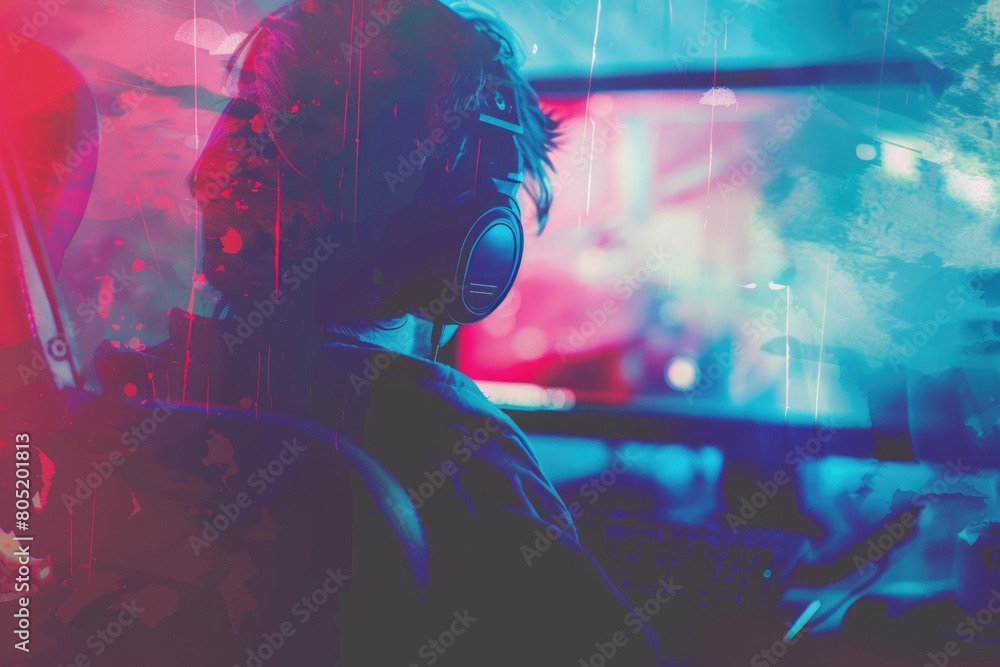 Aufkleber a person sitting in front of a computer with headphones on. suitable for technology and work concept