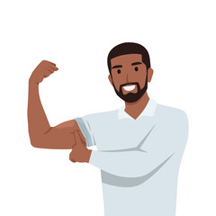 Young black man showing and flexing biceps muscles concept. Flat vector illustration isolated on white background