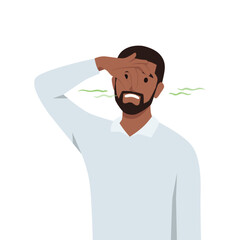 Young man holding fingers on nose. Man covering breath with hand for bad smell. Flat vector illustration isolated on white background