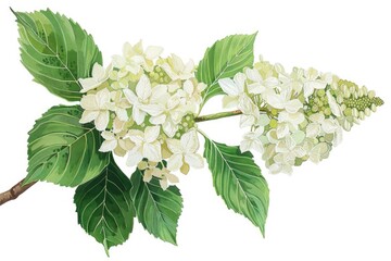 A beautiful painting of a white flower with vibrant green leaves. Suitable for botanical illustrations or nature-themed designs