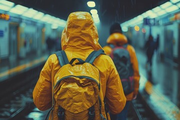 A commuter in a bright yellow raincoat stands out on a subway platform, likely waiting for a train in the rain