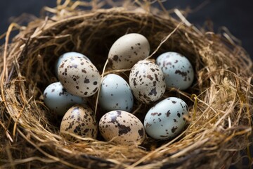 Obraz premium Fragile Quail eggs nest. Multicolored small and round objects with spots table. Generate AI