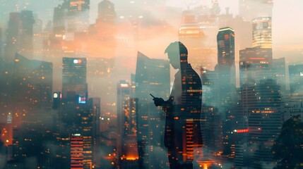 The double exposure image of the business man holding phone sunrise overlay with cityscape image. 