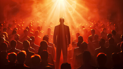 A man stands in front of a crowd of people, with the sun shining on him - Powered by Adobe