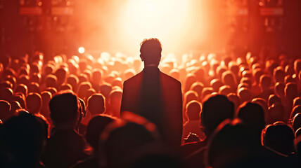 A man stands in front of a crowd of people, with the audience looking up at him