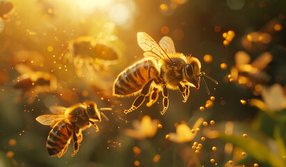 Naklejka premium Bees flying in the air with pollen flying around them. Generative AI