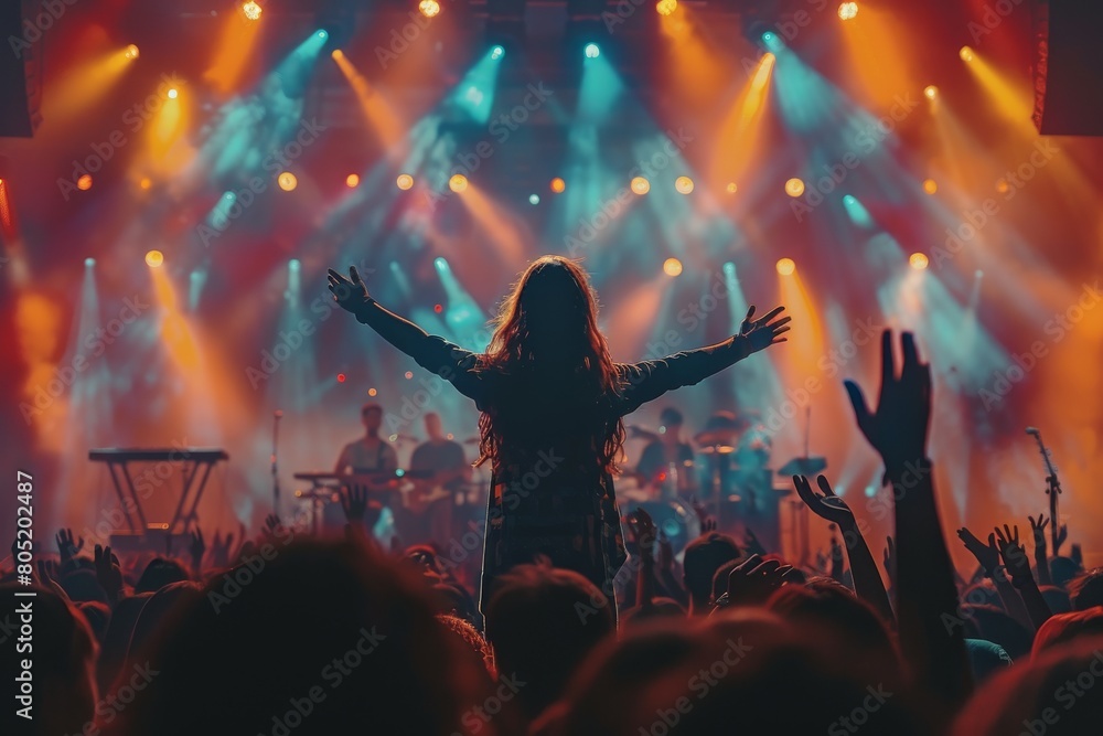 Poster a singer emotionally commanding the stage with arms wide open in front of concert light beams at a m