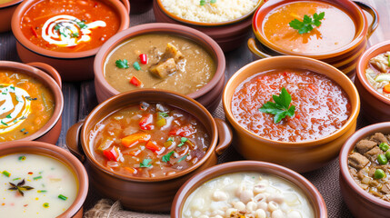 table filled with bowls of different soups and sauses from different countries cousine with vegetables or meat 