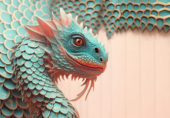 Obraz premium portrait of beautiful pale turquoise dragon against abstract dragon scales background. close up. Fantasy concept. AI generated artwork