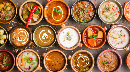 table filled with bowls of different soups and sauses from different countries cousine with vegetables or meat 