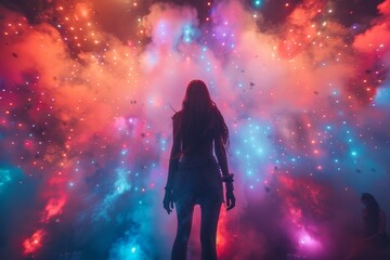 A mesmerizing image of a woman surrounded by an explosion of cosmic colors, provoking feelings of awe